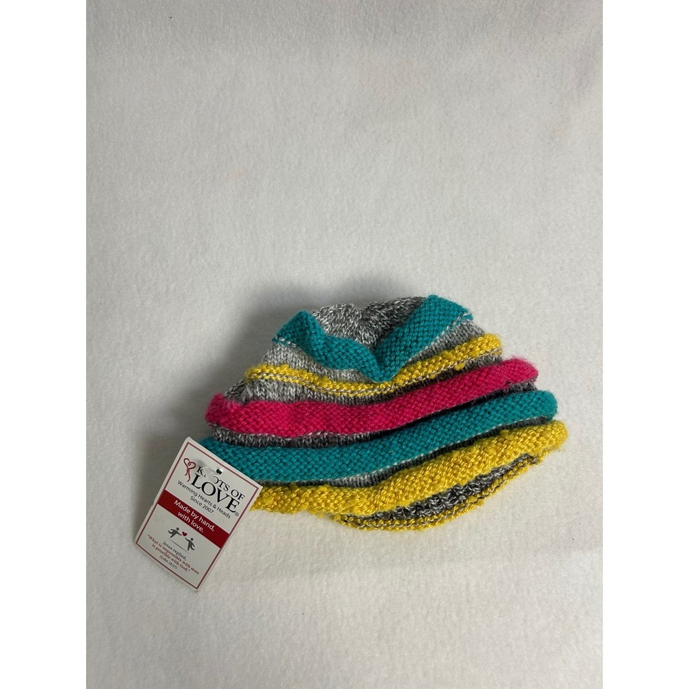 Handmade Knit Knots of Love Small Multi-Color Striped Garter Stitch Beanie Hat